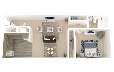 A top-down view of a well-organized living space with a kitchen area, dining table, and a cozy bedroom.